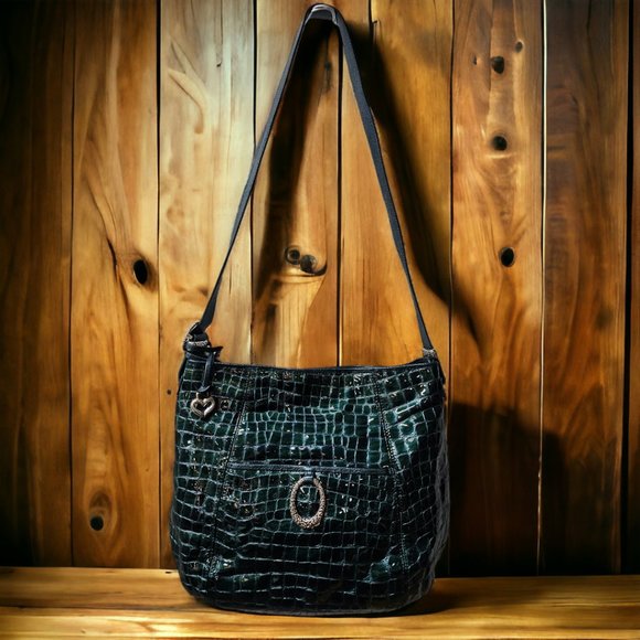 BRIGHTON Teal Green Patent Croc-Embossed Leather Shoulder Bag - Picture 2 of 8